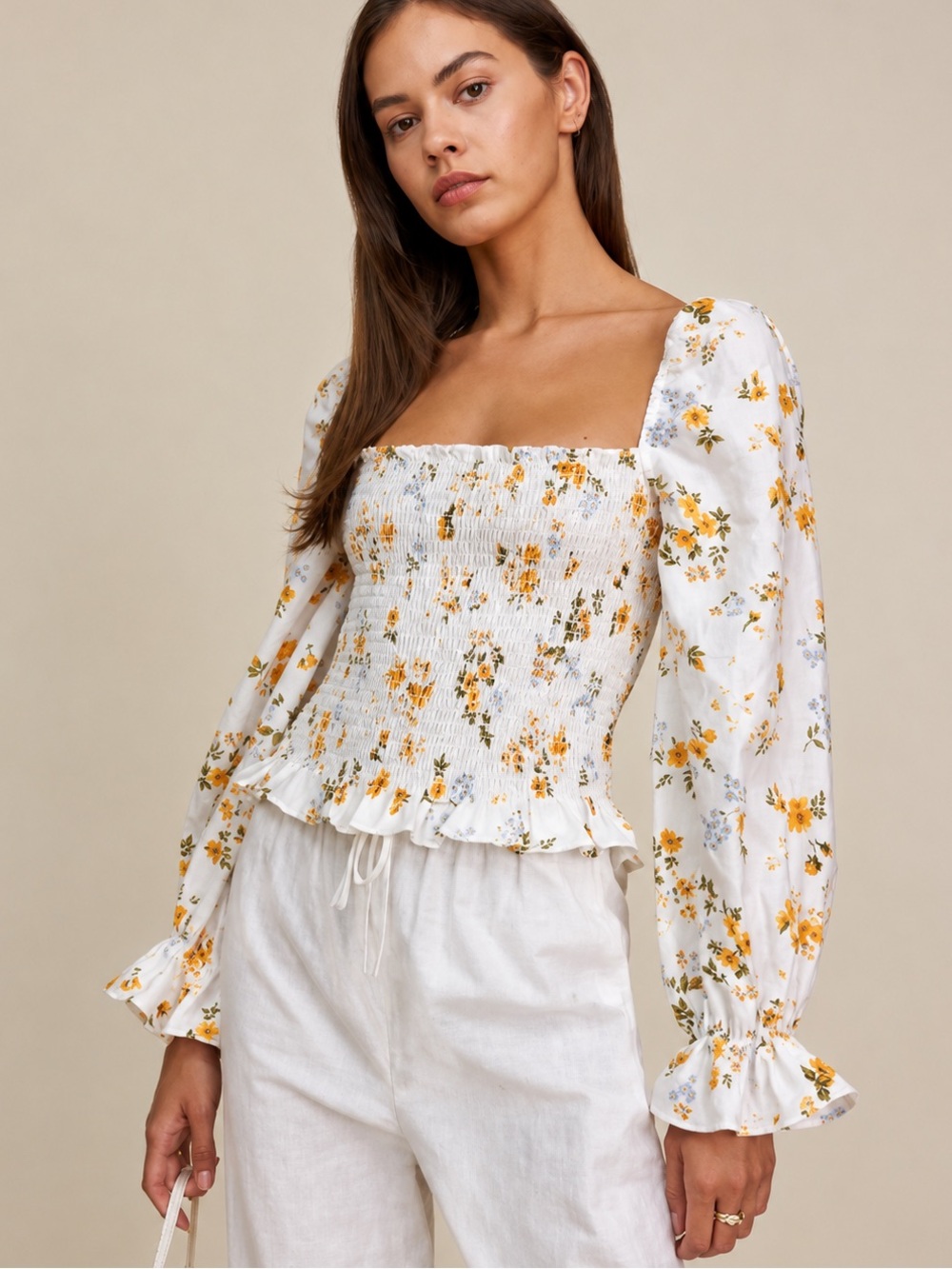 NWT Linen - Reformation Tangerine Smocked Square Neck Top in Tansy Sz Small